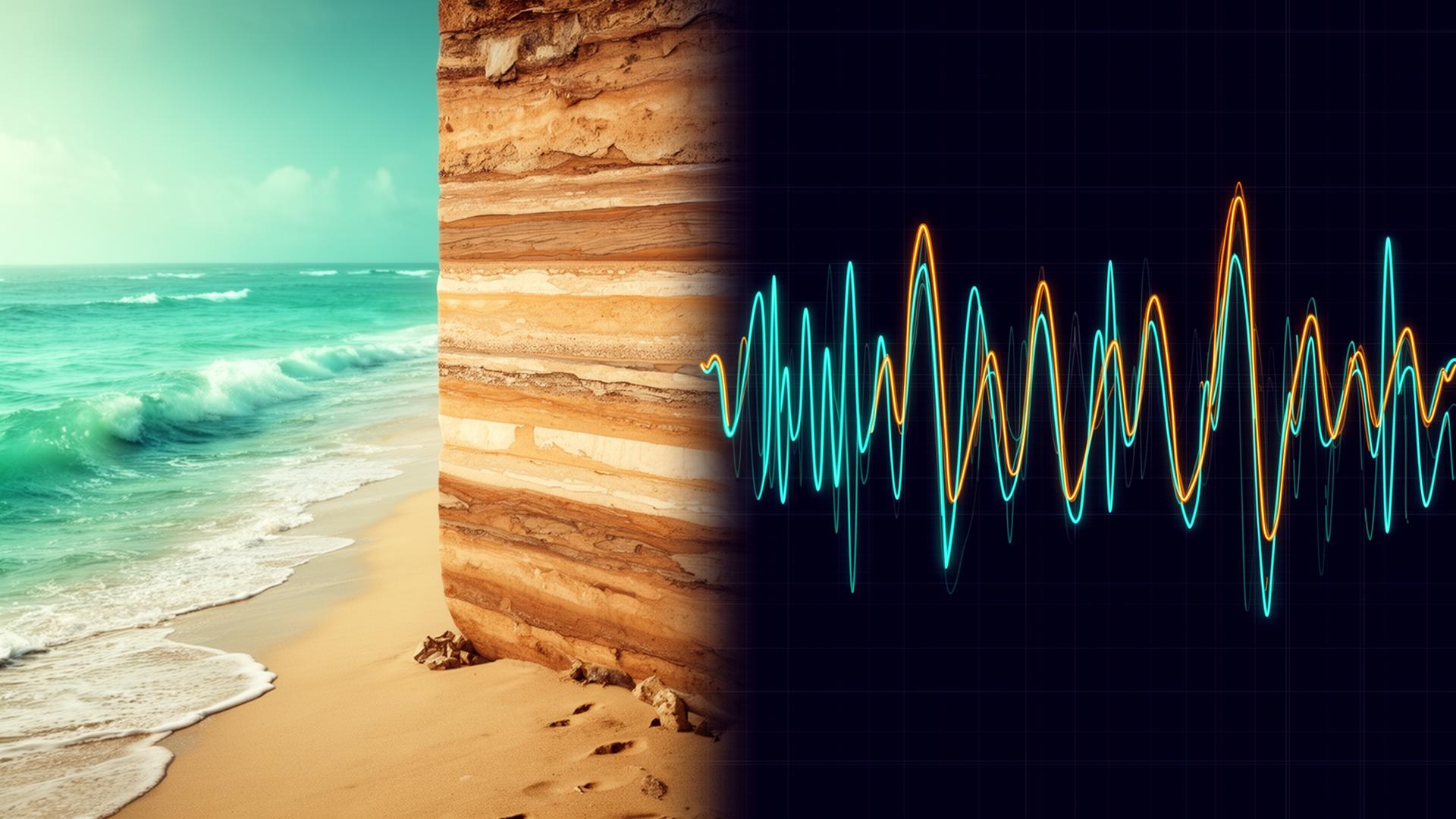 A beach facies transitioning into a stack of wireline log curves — illustration of sequence stratigraphy
